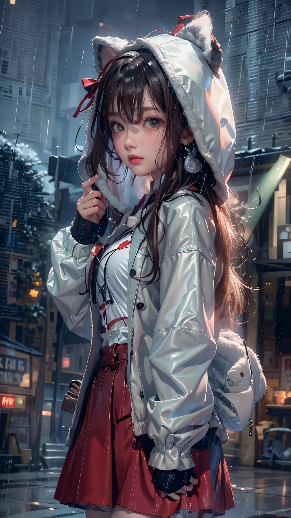 ((8k，masterpiece，best quality，Super detailed，Realistically))，extremely detailed face，Movie Lighting，Movie Lighting，Ray Tracing，Unlit Hair， On cloudy streets，Corner store，bus stop，rainstorm、heavy rain，Girl with dark hair and dark eyes.。(Red Fur Trim Hooded Jacket，White top，Red skirt and black garters，clothes soaked by rain，Black exposure，outdoor depth tent ），Cinema lens lighting