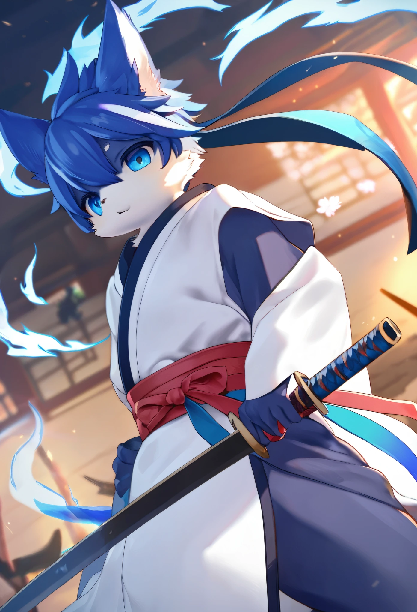 cover page, highres, top quality, best quality, paid reward available, unparalleled masterpiece, perfect artwork, absurdres, High-quality illustrations, super high resolution, detailed background, shuimobysim, perfect anatomy (furry, anthro, kemono, solo focus, Japanese kimono, ninja, samurai, sword with blue flames, battle duels),