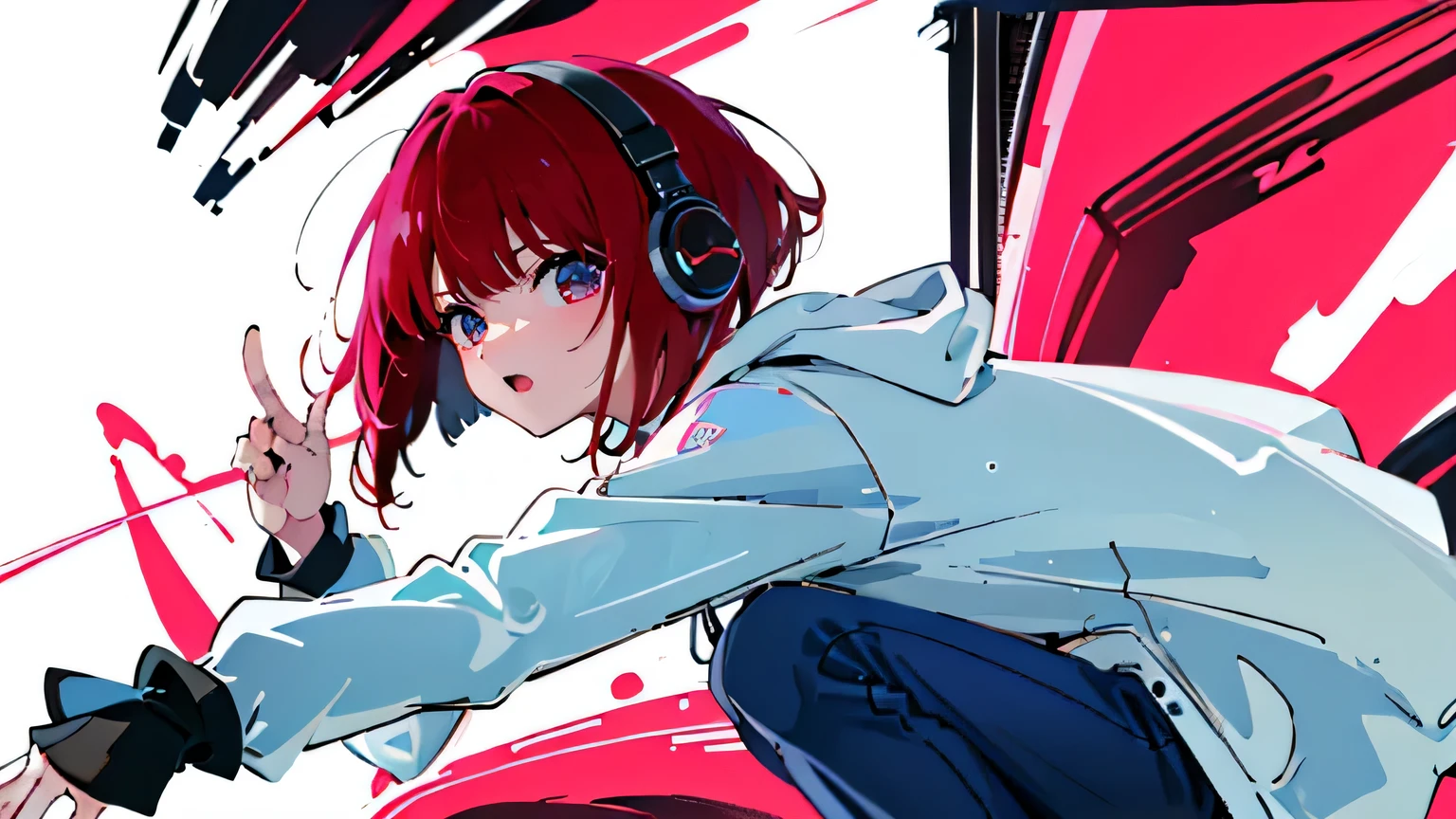 8K resolution、((top-quality))、((masterpiece))、((ultra-detailliert))、1 woman、solo、incredibly absurdness、Oversized hoodies、headphones、Street、plein air、Rain at night、neons、Shortcut Hair、Brightly colored eyes、Hands in pockets、shortpants、water dripping、red hairs、Bob Hair