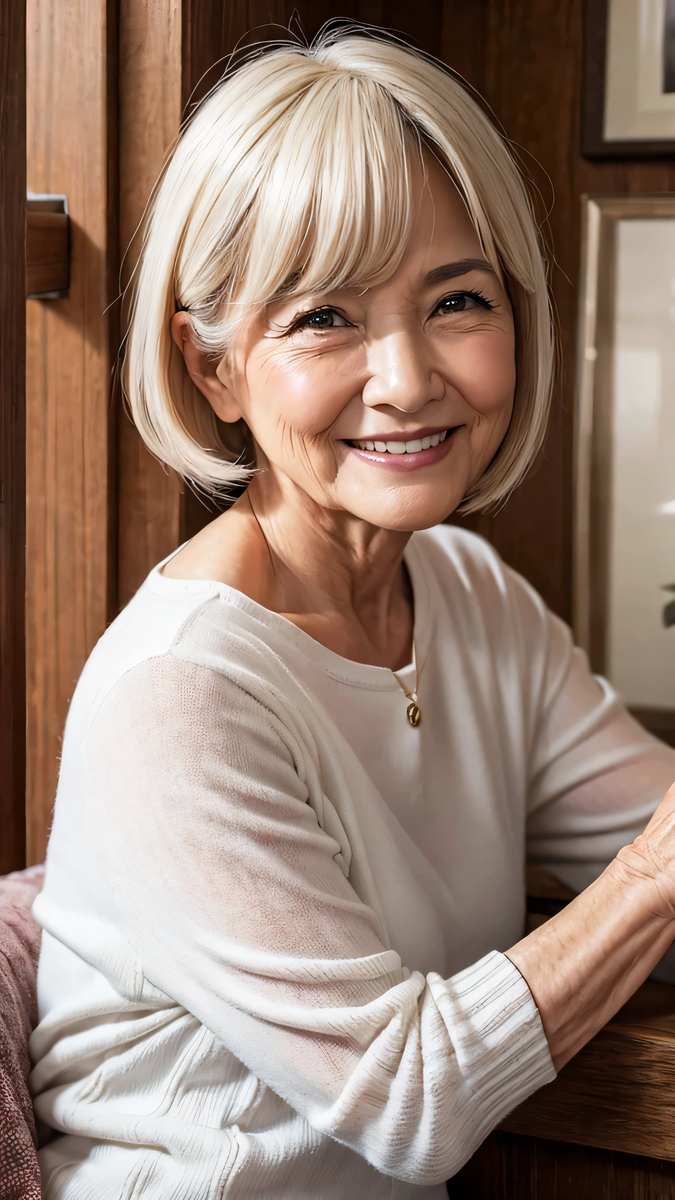 (Masterpiece:1.4),(67-year-old woman:1.4),(Wrinkles on the face1.25),smile,nude,sexy pose