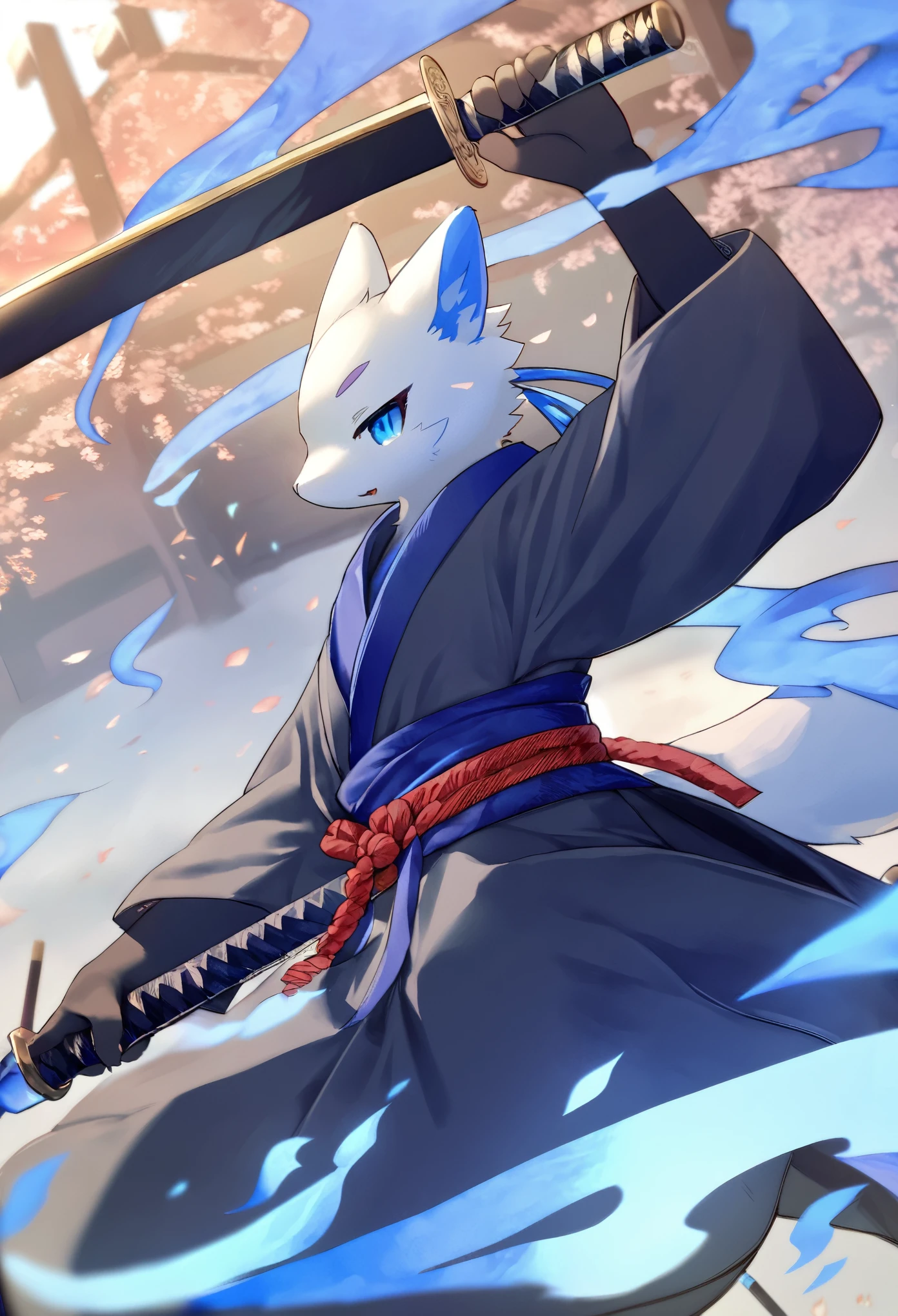 cover page, highres, top quality, best quality, paid reward available, unparalleled masterpiece, perfect artwork, absurdres, High-quality illustrations, super high resolution, detailed background, shuimobysim, perfect ??????? (furry, anthro, kemono, solo focus, Japanese kimono, ninja, samurai, sword with blue flames, battle duels),