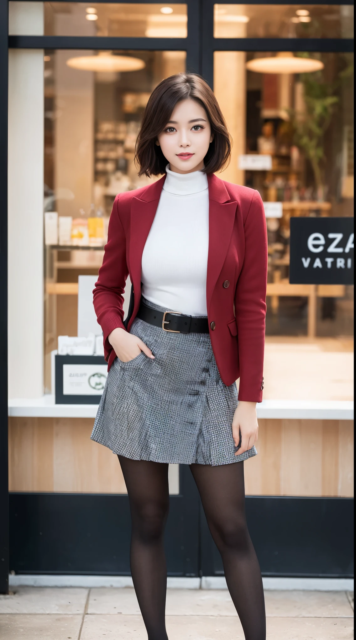 Beautiful girl standing in front of a store in a shopping mall,
(Surreal,High resolution, Very detailed:1.2), (8k), (Beautiful and beautiful eyes, Detailed face:1.2), (highest quality), (Very detailed), (( Mastepiece)),highest quality,Very detailed,
Beautiful woman standing wearing a dark red checked single-breasted blazer ,break, White turtleneck sweater,
High-waisted flared jumper skirt with blue belt, (Ultra-realistic pantyhose), full body shot、
Black Medium Bob, Fine and beautiful eyes, Cute face, bust, Big Boss, Fine and beautiful features, Captivating smile,
Age 25, Mature, Realistic drawing art ,
1 female, (Whole Body Ezbian:1.2),(頭からbustへの画像スコープ),