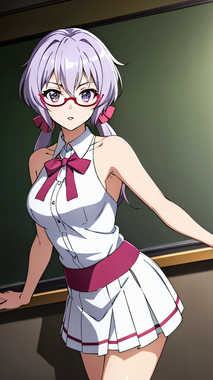 (best quality, 8K, high resolution, masterpiece:1.2), anime art style, yukine chris, 1 girl, perfect face, perfect eyes, large medium breasts, silver hair, low twin tails, pink hair ribbon purple eyes, thin twin tails, long hair, soft expression, alone, (white shirt, exposed shoulders, tight skirt, glasses, natural lips, classroom, stylish pose, stylish angle, cowboy shot), viewer appreciation