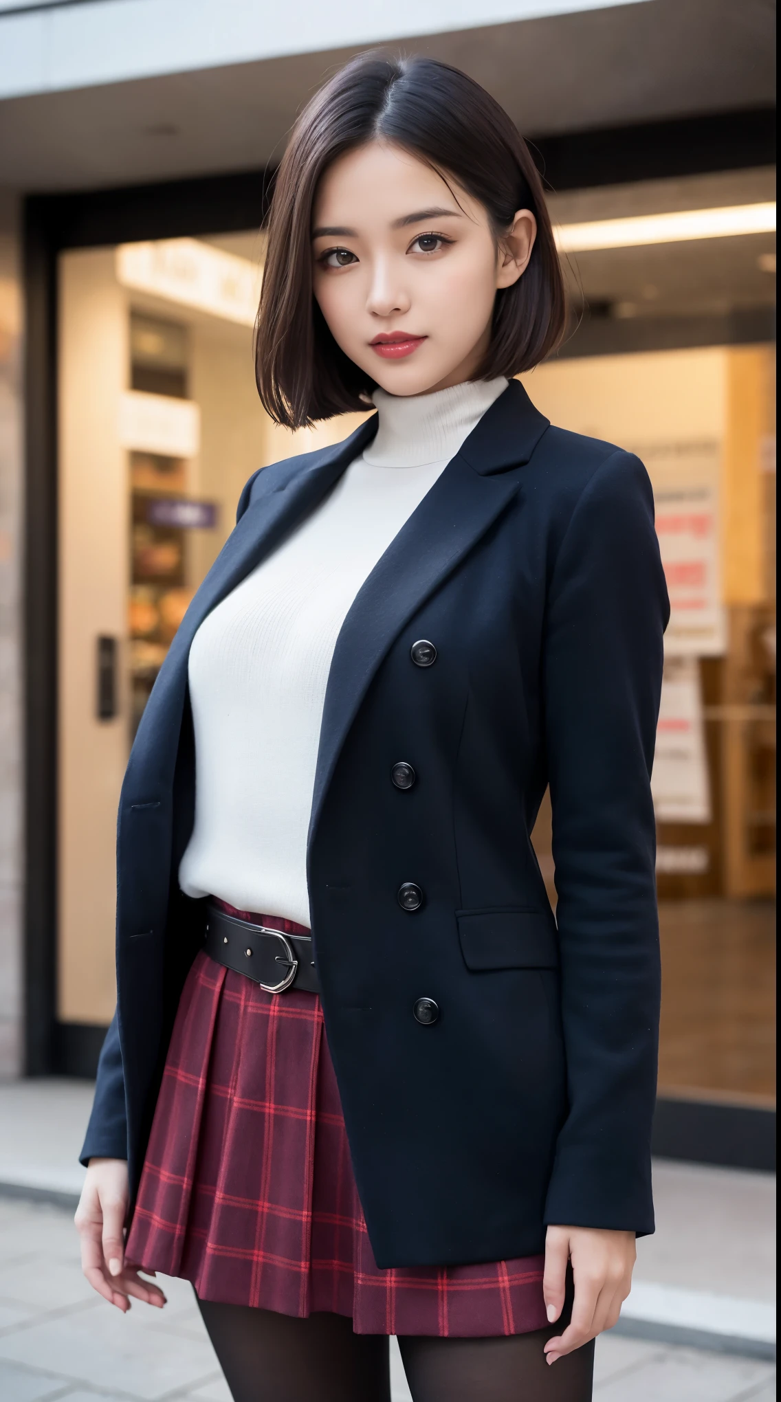 Beautiful girl standing in front of a store in a shopping mall,
(Surreal,High resolution, Very detailed:1.2), (8k), (Beautiful and beautiful eyes, Detailed face:1.2), (highest quality), (Very detailed), (( Mastepiece)),highest quality,Very detailed,
Beautiful woman standing wearing a dark red checked single-breasted blazer ,break, White turtleneck sweater,
High-waisted flared jumper skirt with blue belt, (Ultra-realistic pantyhose), full body shot、
Black Medium Bob, Fine and beautiful eyes, Cute face, bust, Big Boss, Fine and beautiful features, Captivating smile,
Age 25, Mature, Realistic drawing art , 
1 female, (Whole Body Ezbian:1.2),(頭からbustへの画像スコープ),