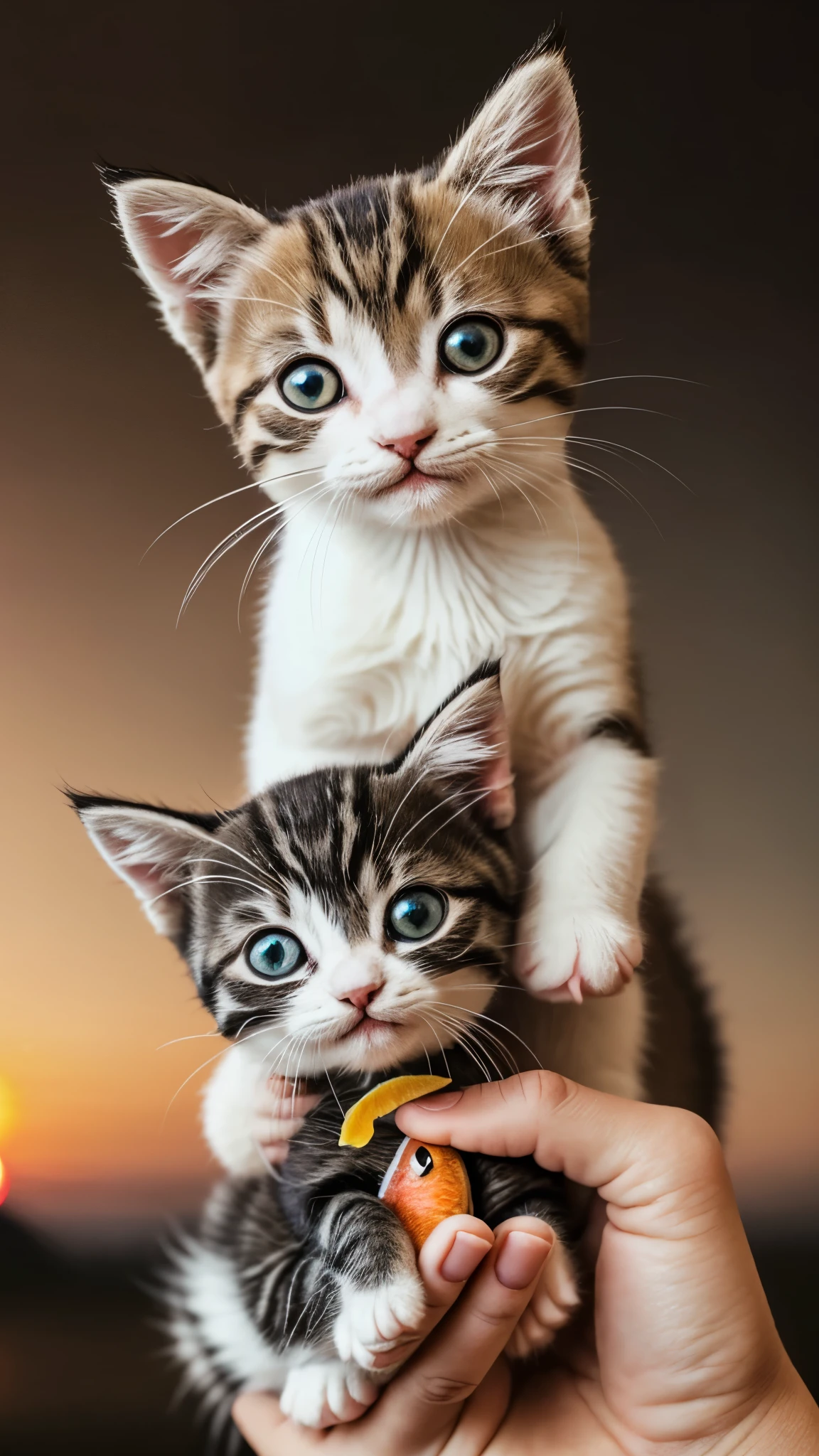 a small, simple, cuddly felt kitten holding a fish in its tiny hands, gazing directly into the camera with a joyful smile. The scene is so sweet that it melts even the toughest hearts. Describe the loving atmosphere created by the combination of felt, smiles, and hearts diring a beautiful sunrise 