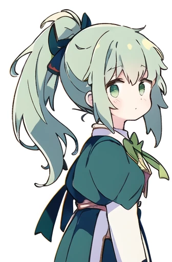 Expressionless face，Anime Style，profile，White background，Green Hair，ponytail，ribbon, One girl,Bright green eyes,uniform，