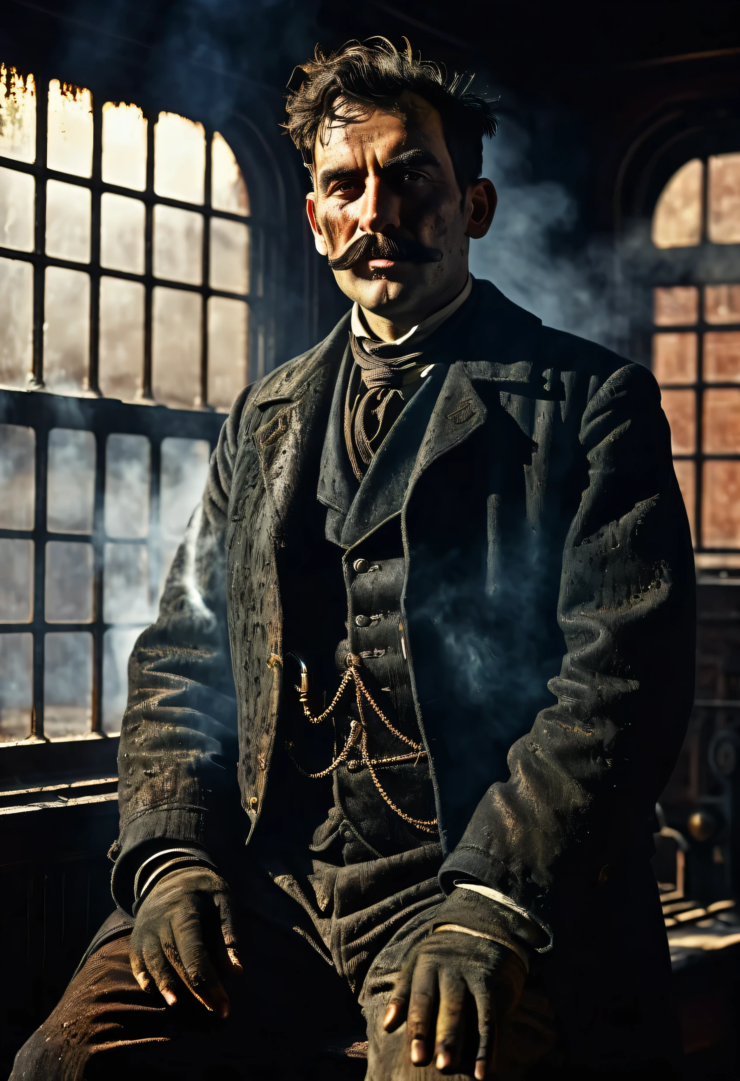 Cinematic render of gritty Steam Locomotive, dark tones with dramatic light and shadow, front view of Steam Locomotive worker in filthy oil-stained clothing, face creased with strain and grime from back-breaking labor, photorealism, 1910s industrial setting(((distortion light from a window))) ((Industrial Life in England 19th century era))((Vintage colors)), (( Extra high resolution)), Realistic picture, Victorian style, looking forward, love bond, trendy clothing, Charming smile, the beauty of nature, professional lighting, Contemporary style, artistic elements, Victorian beauty, professional lighting, Contemporary style, artistic elements of shadows Super-Resolution, Megapixel, the king sitting, ProPhoto RGB, VR, Spotlight, Frontlight, Halfrear Lighting, Backlight, Rim Lights, Rim Lighting, Artificial Lighting, Natural Lighting, Incandescent, British Style Copy Retr