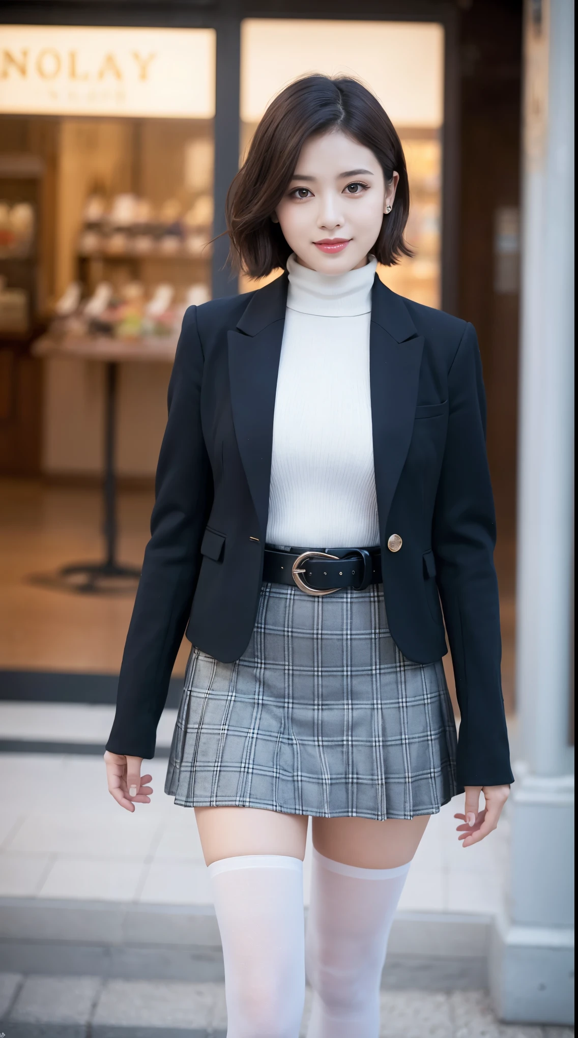Beautiful girl standing in front of a store in a shopping mall,
(Surreal,High resolution, Very detailed:1.2), (8k), (Beautiful and beautiful eyes, Detailed face:1.2), (highest quality), (Very detailed), (( Mastepiece)),highest quality,Very detailed,
Beautiful woman standing wearing a dark red checked single-breasted blazer ,break, White turtleneck sweater,
High-waisted flared jumper skirt with blue belt, (Ultra-realistic pantyhose), full body shot、
Black Medium Bob, Fine and beautiful eyes, Cute face, bust, Big Boss, Fine and beautiful features, Captivating smile,
Age 25, Mature, Realistic drawing art , 
1 female, (Whole Body Ezbian:1.2),(頭からbustへの画像スコープ),