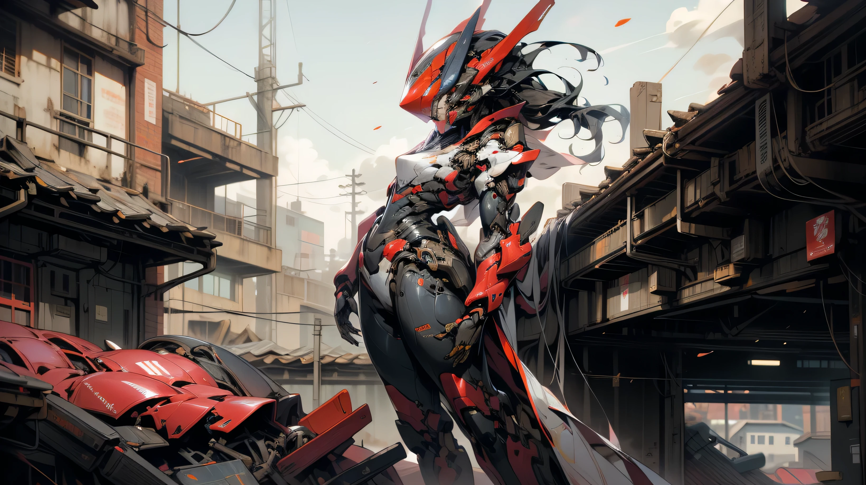 ((Woman:1)),,SMALL BREAST,((SIDE-VIEW:1)),((ON-TOP-OF-A-ROOFTOP:1)),((CLOSE-VIEW:1)),((mecha-suit:1)),(UTRA-DETAILED:1),(CINEMATIC:1),(HIGH-RES:1.2),((woman-body)),((fullbody:1)),((mecha-helmet:1))