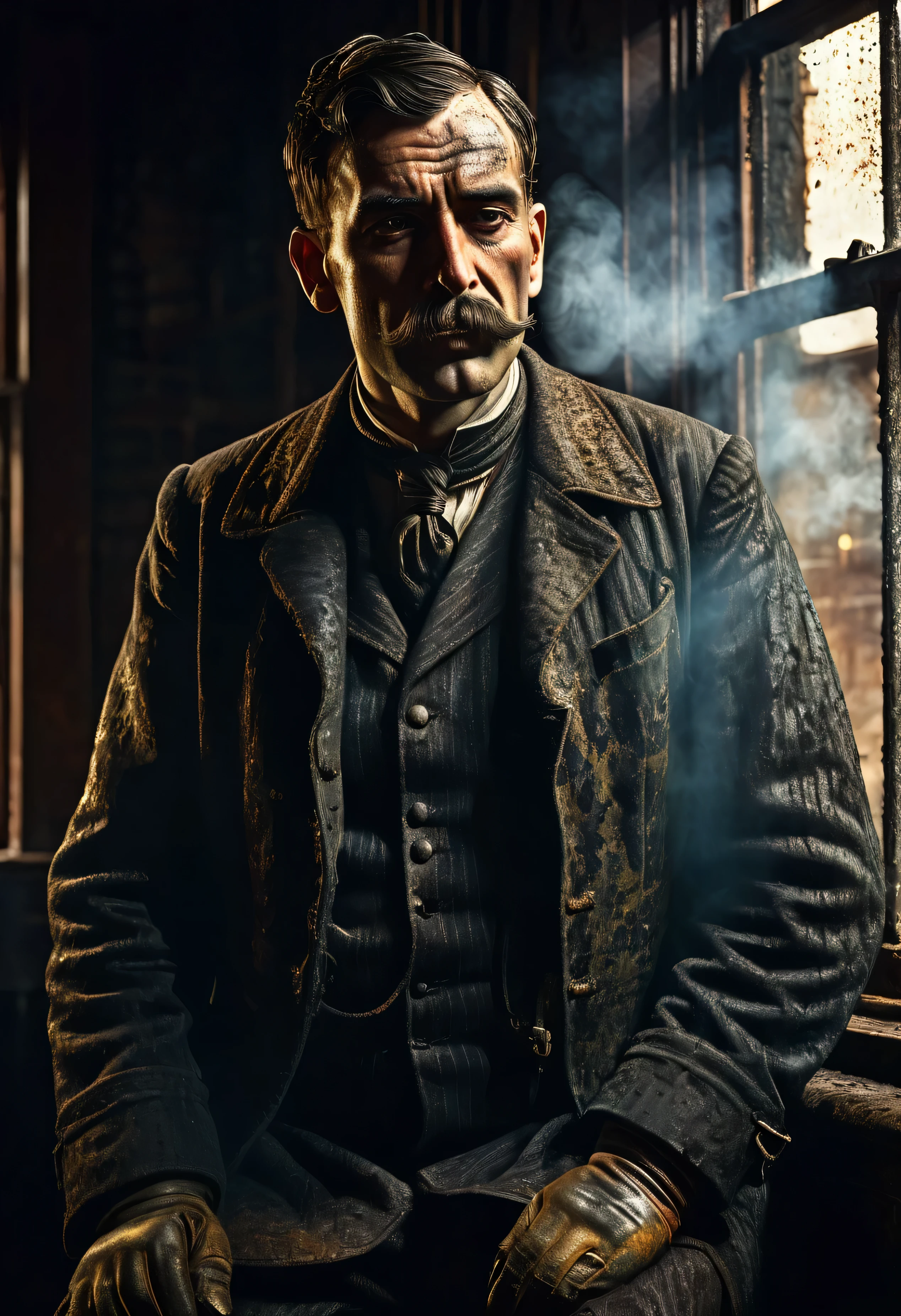 Cinematic render of gritty Steam Locomotive, dark tones with dramatic light and shadow, front view of Steam Locomotive worker in filthy oil-stained clothing, face creased with strain and grime from back-breaking labor, photorealism, 1910s industrial setting(((distortion light from a window))) ((Industrial Life in England 19th century era))((Vintage colors)), (( Extra high resolution)), Realistic picture, Victorian style, looking forward, love bond, trendy clothing, Charming smile, the beauty of nature, professional lighting, Contemporary style, artistic elements, Victorian beauty, professional lighting, Contemporary style, artistic elements of shadows Super-Resolution, Megapixel, the king sitting, ProPhoto RGB, VR, Spotlight, Frontlight, Halfrear Lighting, Backlight, Rim Lights, Rim Lighting, Artificial Lighting, Natural Lighting, Incandescent, British Style Copy Retr