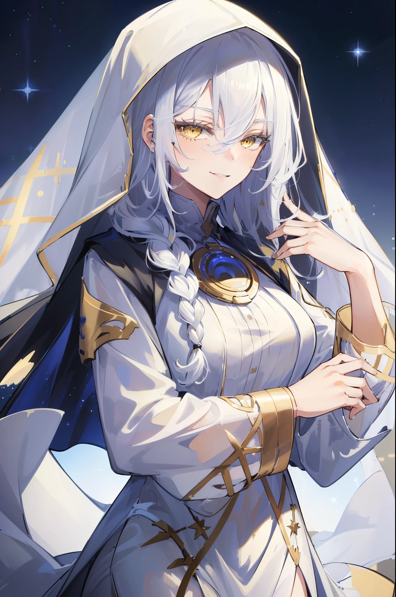 (best quality:1.3), (masterpiece:1.3), (illustration:1.3), (ultra-detailed:1.3), 1girl, solo, ((long hair, white hair, yellow eye)), large breasts, white dress, blue brooch, tall, mature, (((betterhand))), old, EOS, braid, night, night sky, starry sky, ((tsurime)), mischievous smile, ((hood, veil)),