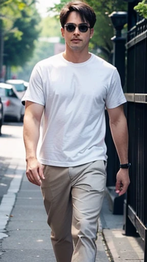 A handsome man in casual clothes is walking