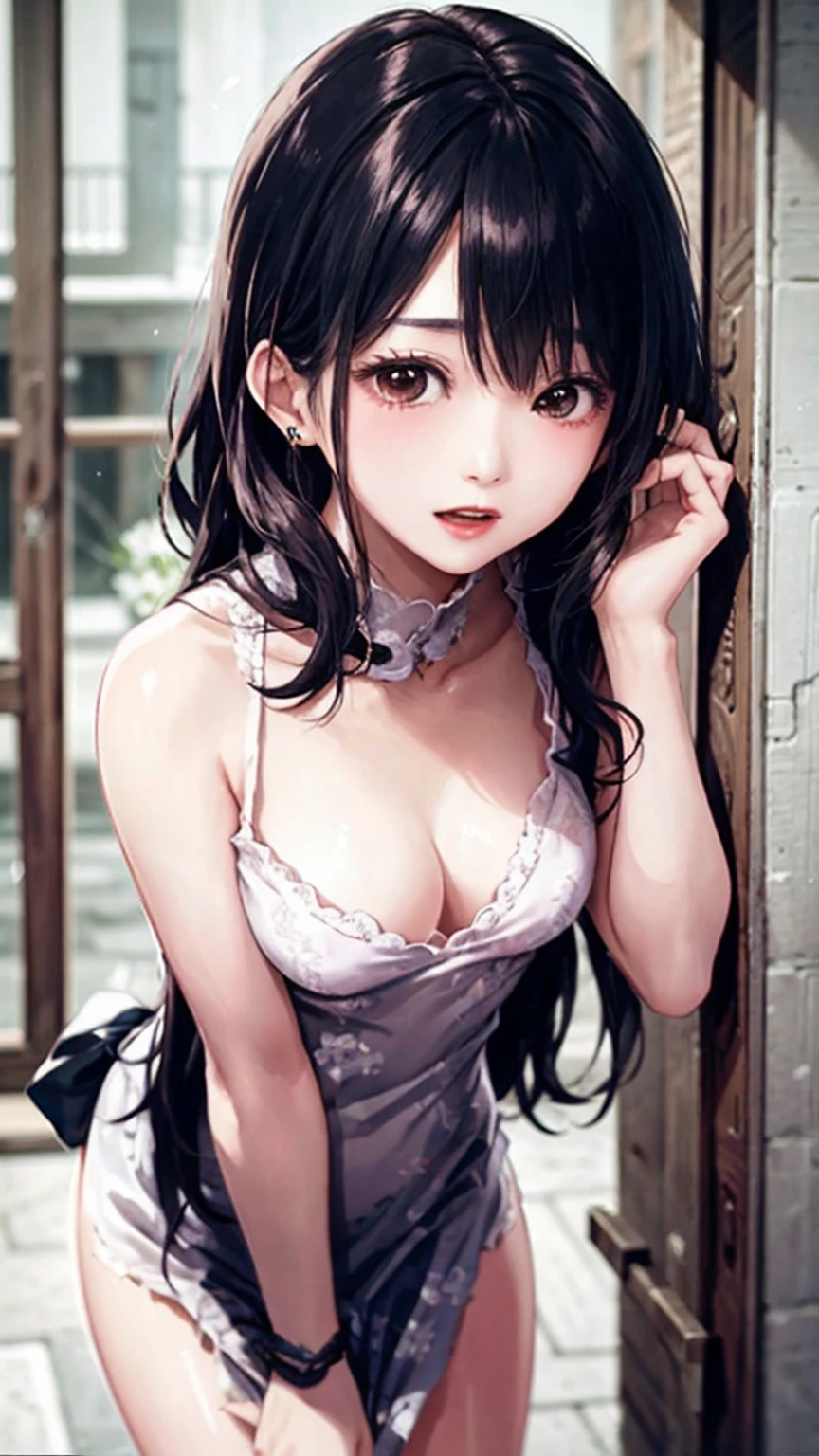 An old building with a calm atmosphere、A beautiful girl with a super cute face、Highest quality high definition images with emphasis on big breasts、(Small face)、Her big breasts are almost completely visible due to her leaning forward posture.、Cute pink sleeveless dress、No makeup、Sexy lips that reveal sexual desire、