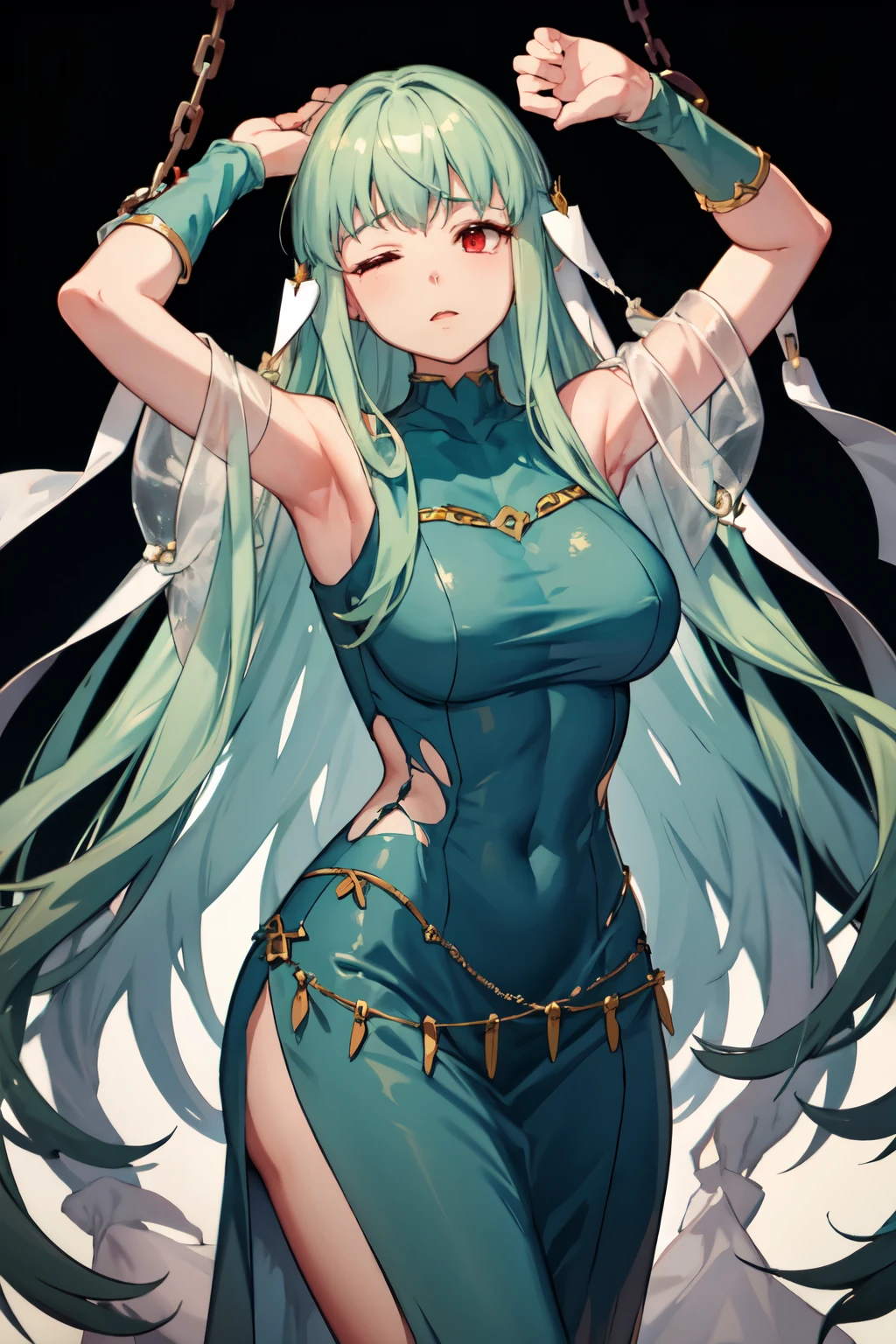 ((highest quality)), ((masterpiece)), (detailed), Perfect Face　 darkness、Ninian is chained to the wall and restrained.、Both hands are raised high above the head,青く腰まで届くLong Hair, Red Eyes, Big, well-shaped breasts, Long Hair, Moist,Blue long dress, Exposing shoulders, Smaller Jewelry, A torn and ripped dress,dress with slit,A dark grey, murky temple,Wistfully, Anguished expression, Both eyes closed、Being attacked by spirits floating around,Ninian gasped.、The whole body becomes arched、Chin arching