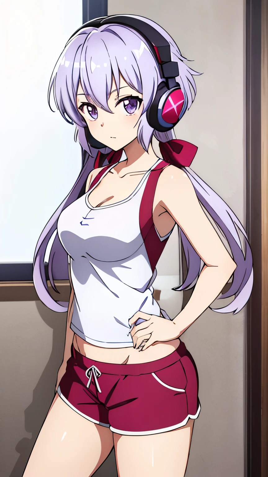 (best quality, 8K, high resolution, masterpiece:1.2), anime art style, yukine chris, 1 girl, perfect face, perfect eyes, large medium breasts, silver hair, low twin tails, pink hair ribbon purple eyes, thin twin tails, long hair, soft expression, alone, (innerwear, shorts, headphones, stylish pose, stylish angle, cowboy shot), viewer appreciation