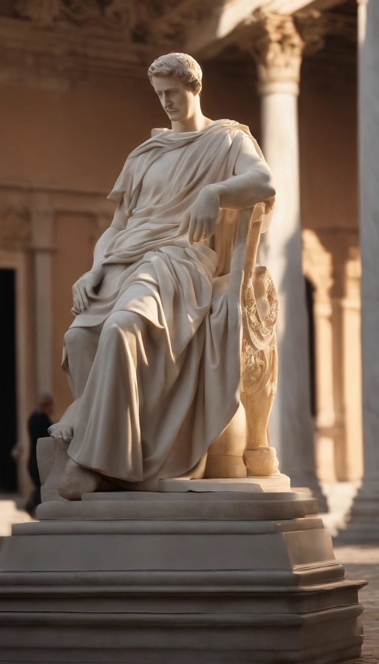 An enormous statue of Constantine the Great, "The Emperor", with a cute girl cuddling up to its neck. The serene and clear sky before dawn. A moment of tranquility. A spacious marble floor. Outdoors. A genuine treasure from the Capitoline Museums in Italy. Bliss transcending time and space. Healing, forgiveness, and repentance. A sacred prayer. Superbly beautiful. Super high quality. A masterpiece. A lyrical and heartfelt world. (best quality, 4k, 8k, highres, masterpiece:1.2), ultra-detailed, (realistic, photorealistic, photo-realistic:1.37), HDR, UHD, studio lighting, ultra-fine painting, sharp focus, physically-based rendering, extreme detail description, professional, vivid colors, bokeh, portraits, landscape, cute, peaceful, dawn atmosphere, surreal, enchanting, magical, delicate, affectionate, ethereal, tranquil, magnificent, captivating, dreamlike lighting, soft pastel colors, gentle rays of sunlight