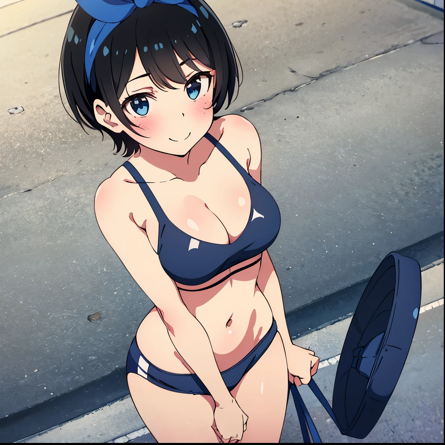 1girl, alone, ruka sarashina, main piece, high quality, high resolution, blue bow, a woman with dark hair, short hair, black hair, blue eyes, white sports bra, black sports pants with white stripes, black bow, bow , blue headband, bangs, big full breasts, cleavage, medium waist, medium hips, wide thighs, cowboy photo, smile, seductive, embarrassed, jogging, park, sunset, looking at viewer, pov (from above) ,excellent hands, excellent anatomy