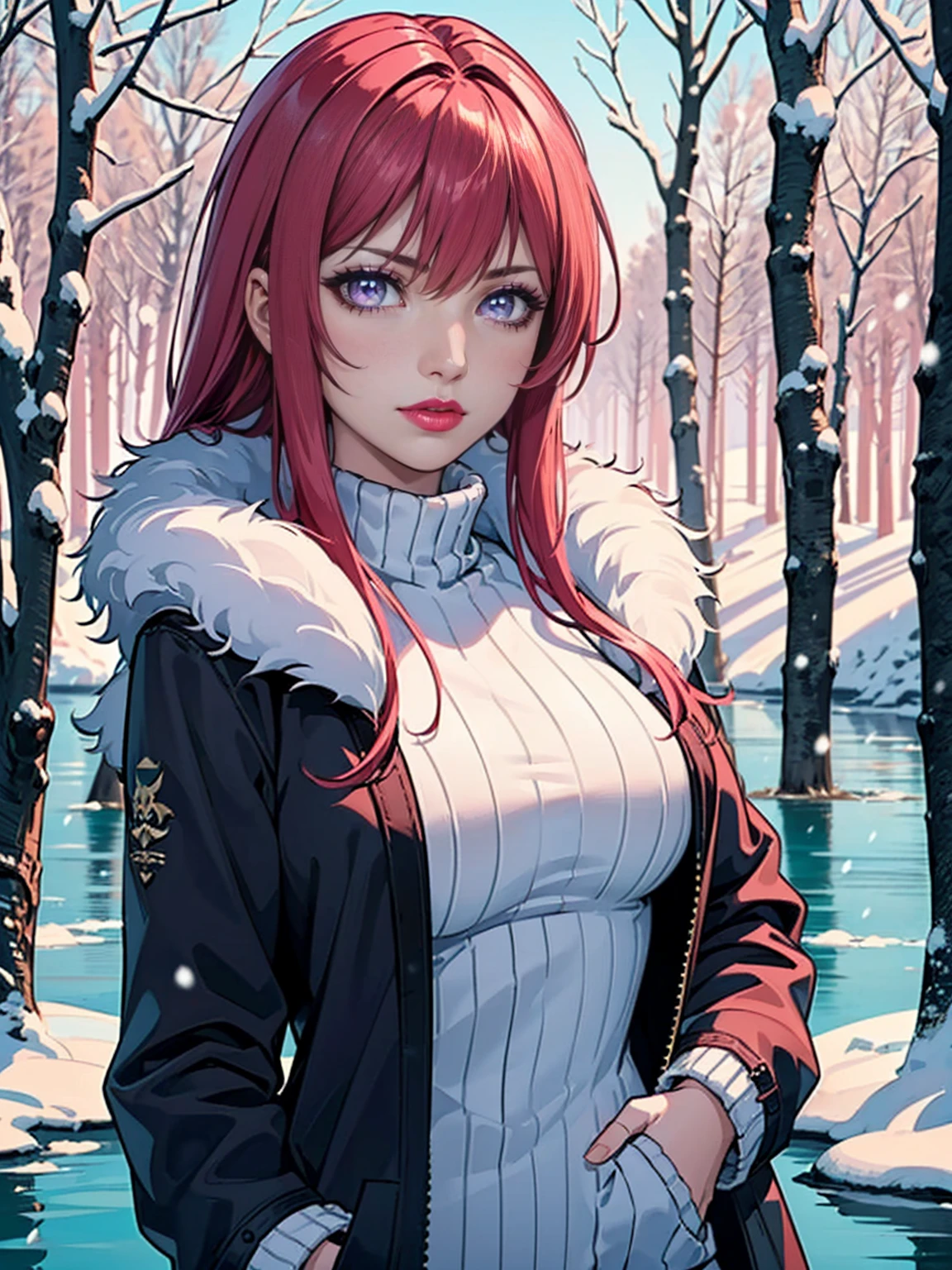 ((solo, 1woman, TakashiroHiroko, dark purple eyes, red hair, pink lipstick, Extremely detailed, ambient soft lighting, 4k, perfect eyes, a perfect face, perfect lighting, a 1girl)), ((solo, (1woman, pink lipstick), Extremely detailed, ambient soft lighting, 4k, perfect eyes, a perfect face, perfect lighting, a 1girl)), ((detailed, long sleeves, jacket, upper body, open clothes, sweater, open jacket, coat, fur trim, turtleneck, fur collar, hand in pocket, open coat, turtleneck sweater, fur-trimmed jacket, winter environment, snow, frozen lake, snowy forest, winter flowers, snowman, enslorado, tundra, boreal forest))