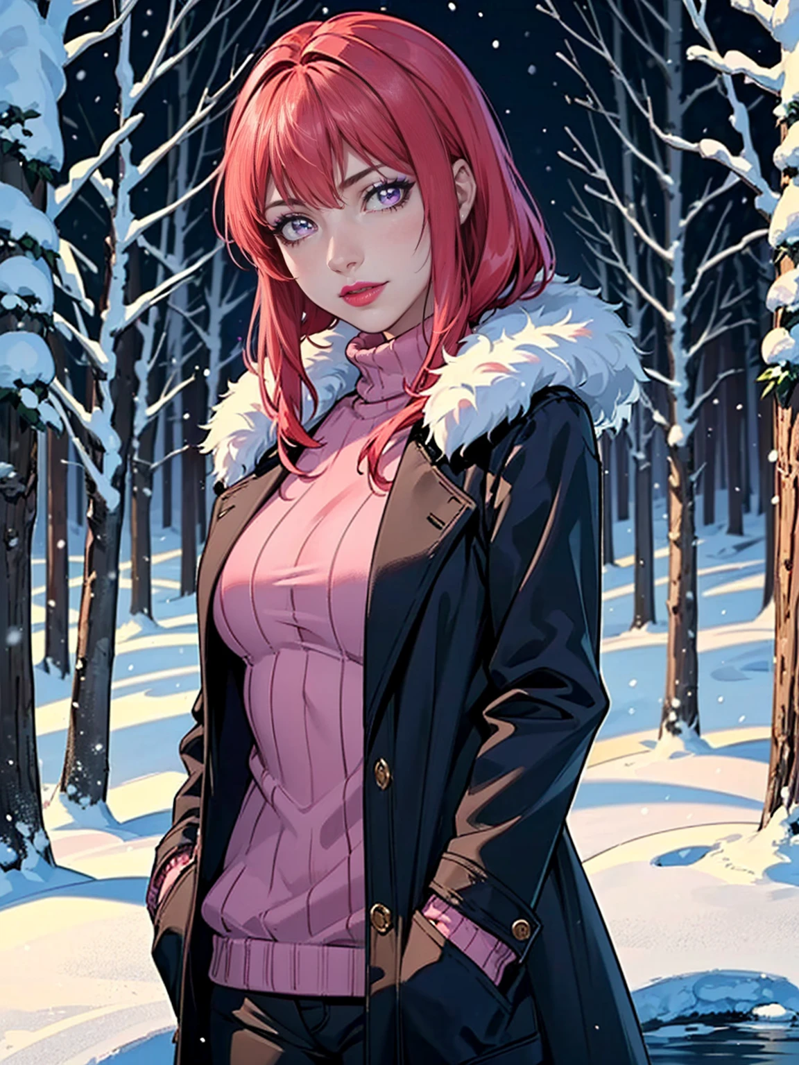 ((solo, 1woman, TakashiroHiroko, dark purple eyes, red hair, pink lipstick, Extremely detailed, ambient soft lighting, 4k, perfect eyes, a perfect face, perfect lighting, a 1girl)), ((solo, (1woman, pink lipstick), Extremely detailed, ambient soft lighting, 4k, perfect eyes, a perfect face, perfect lighting, a 1girl)), ((detailed, long sleeves, jacket, upper body, open clothes, sweater, open jacket, coat, fur trim, turtleneck, fur collar, hand in pocket, open coat, turtleneck sweater, fur-trimmed jacket, winter environment, snow, frozen lake, snowy forest, winter flowers, snowman, enslorado, tundra, boreal forest))