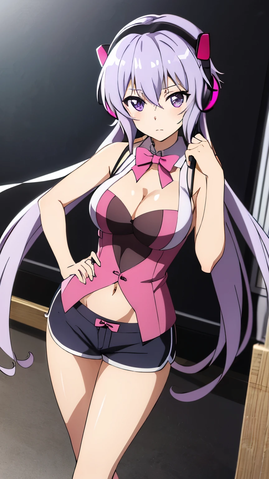 (best quality, 8K, high resolution, masterpiece:1.2), anime art style, yukine chris, 1 girl, perfect face, perfect eyes, large medium breasts, silver hair, low twin tails, pink hair ribbon purple eyes, thin twin tails, long hair, soft expression, alone, (innerwear, shorts, headphones, stylish pose, stylish angle, cowboy shot), viewer appreciation