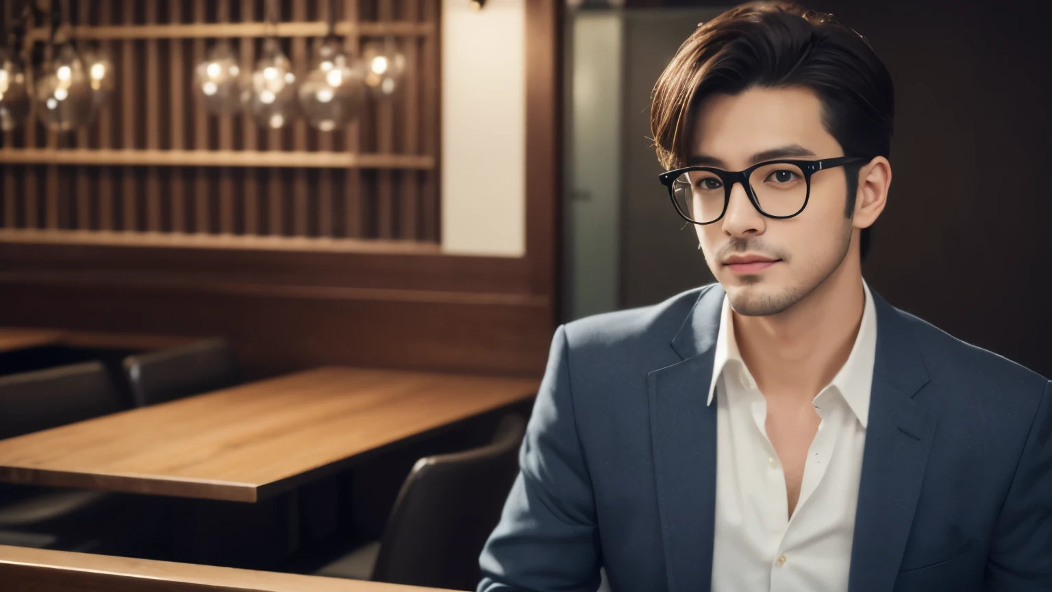 musician、A refreshing, handsome man in his 30s、（Super cool S-class boys）、Japanese male, 30 years old、、Inside a stylish cafeで撮影、a handsome guy、（CG Unity 8K high resolution photo）、（Very detailedＳクラスのa handsome guy性）、（Photorealistic）、（highest quality））、Very detailed、super high quality、expensive、Audience、kind person、Very beautiful hair　Perm Hair、Bright photo、Handsome like a model、Handsome like an idol、looking at the camera、Inside a stylish cafe、Stubble、An intelligent, handsome man wearing glasses