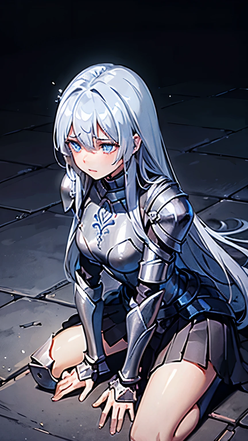 A girl, wearing a simple armor, shattered, armor is broken, simple broken sword, she is kneeling on the floor, she is sad and hurt, missing parts of the armor, armor is ultra shattered, tears, ultra long hair, Long eyelashes, ultra detailed face, glowing lips, glowing eyes, campfield 