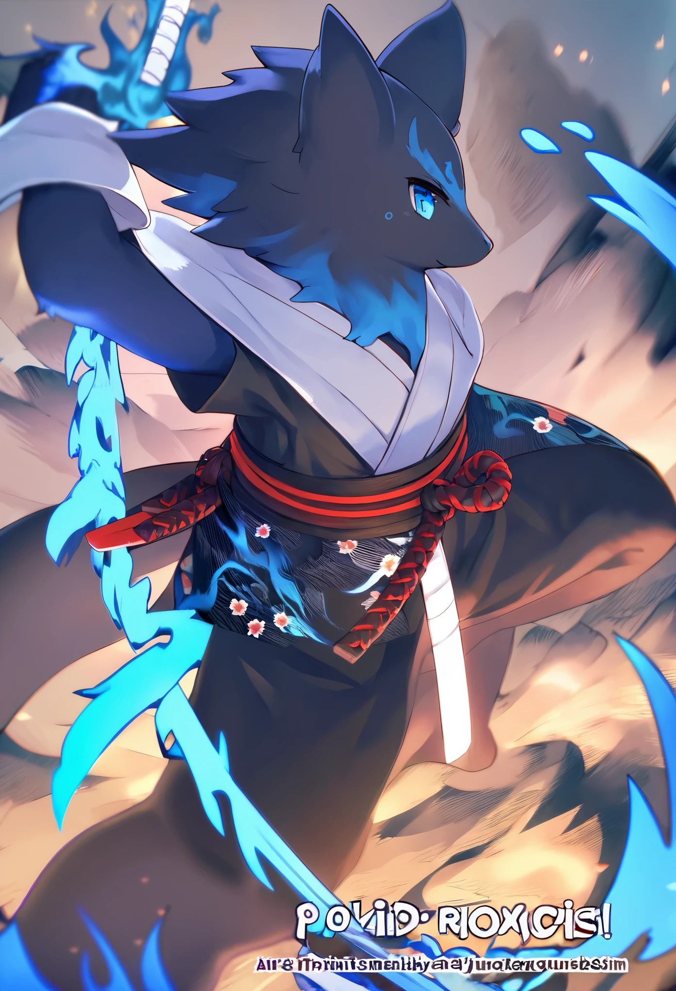 cover page, highres, top quality, best quality, paid reward available, unparalleled masterpiece, perfect artwork, absurdres, High-quality illustrations, super high resolution, detailed background, shuimobysim, perfect anatomy (furry, anthro, kemono, solo focus, Japanese kimono, ninja, samurai, sword with blue flames, battle duels),