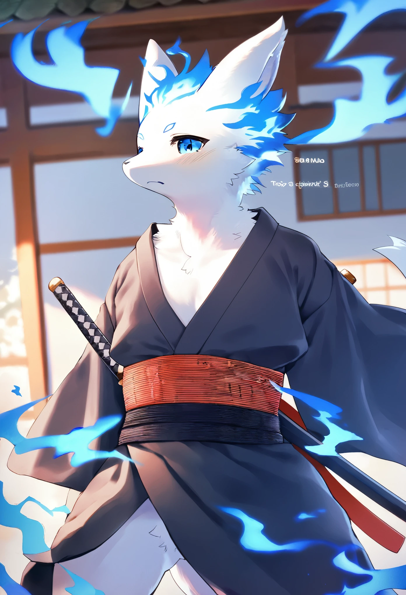 cover page, highres, top quality, best quality, paid reward available, unparalleled masterpiece, perfect artwork, absurdres, High-quality illustrations, super high resolution, detailed background, shuimobysim, perfect anatomy (furry, anthro, kemono, solo focus, Japanese kimono, ninja, samurai, sword with blue flames, battle duels),
