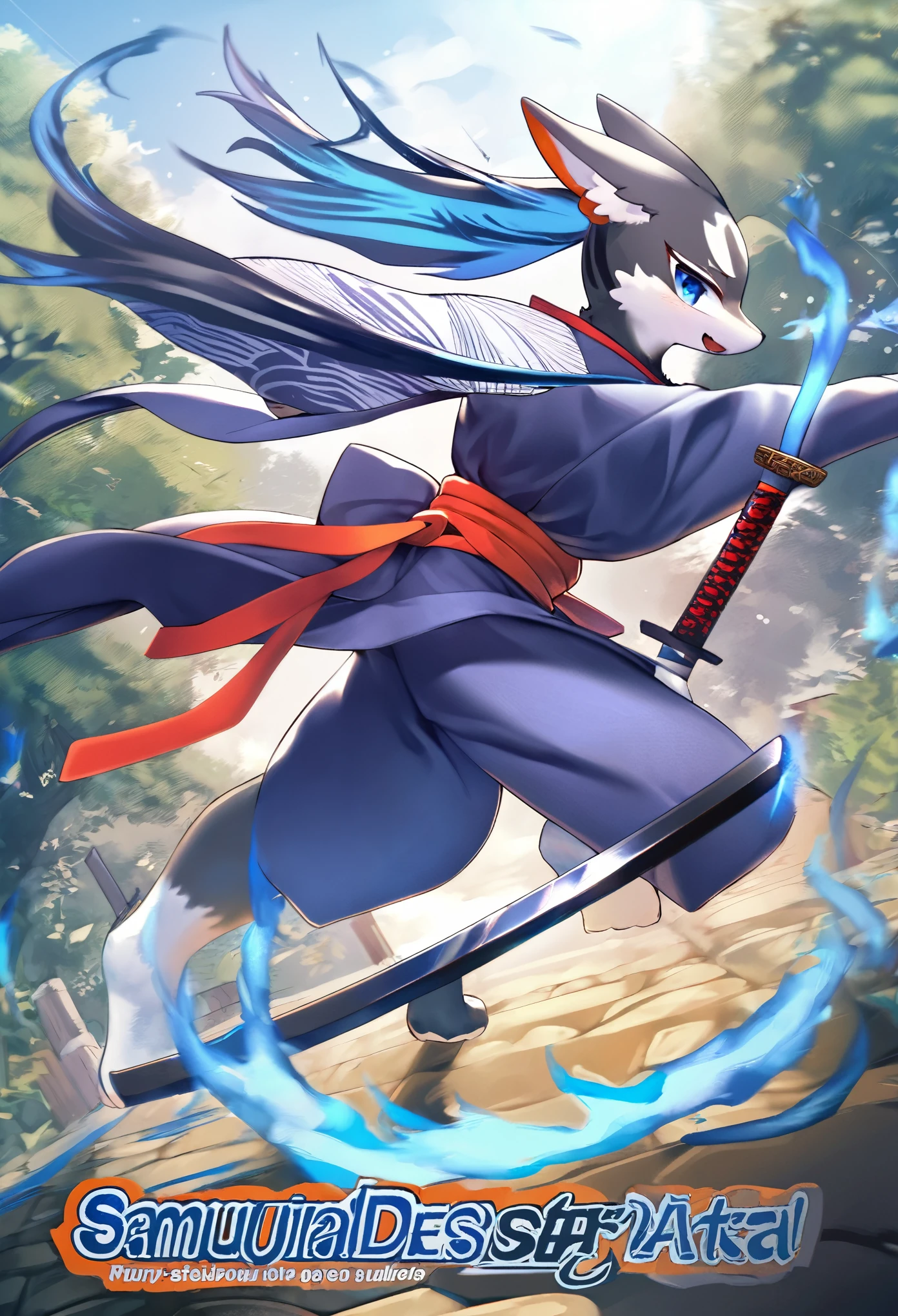 cover page, highres, top quality, best quality, paid reward available, unparalleled masterpiece, perfect artwork, absurdres, High-quality illustrations, super high resolution, detailed background, shuimobysim, perfect anatomy (furry, anthro, kemono, solo focus, Japanese kimono, ninja, samurai, sword with blue flames, battle duels),