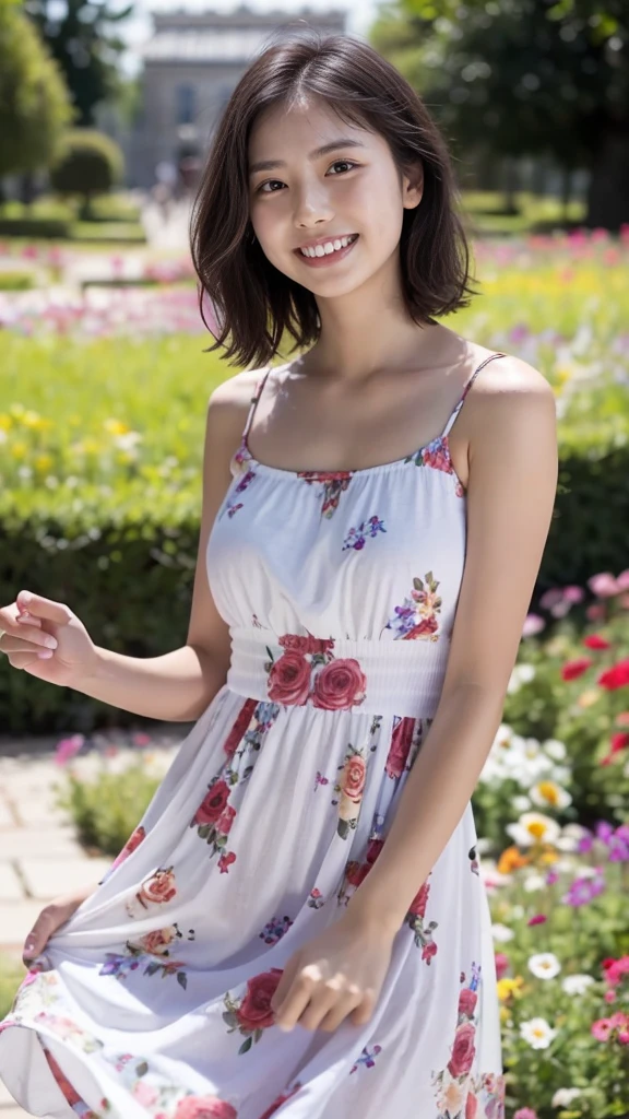 masterpiece, highest quality, disorganized, perfect anatomy, 1 girl, alone, pascal tales, short hair, beautiful, Hilarious, sunny day, botanical garden, Summer winds, sundress, Floral, wavy hair, smile