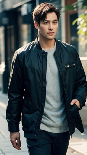 A handsome man in survival clothes is walking