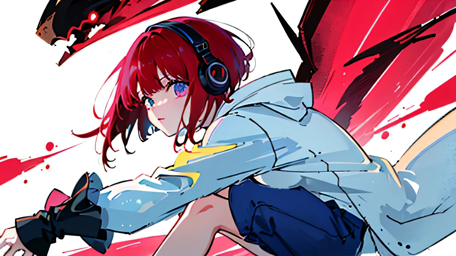 8K resolution、((top-quality))、((masterpiece))、((ultra-detailliert))、1 woman、solo、incredibly absurdness、Oversized hoodies、headphones、Street、plein air、Rain at night、neons、Shortcut Hair、Brightly colored eyes、Hands in pockets、shortpants、water dripping、red hairs、Bob Hair