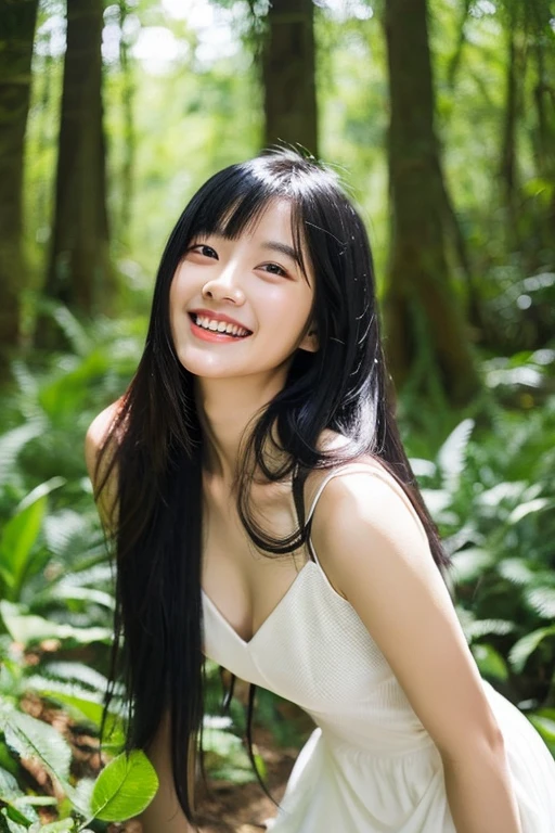 healthy、Black Hair、Straight long hair、Smiling、Beauty:1.9、in the forest、White dress、constricted