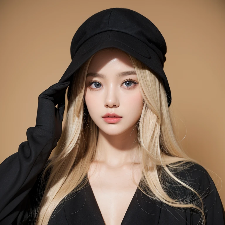 26 years old，woman，Long Hair，Light blonde hair color，Soft wavy hairstyle，With sad eyes、Deep blue，Bright、Has a lively expression，Height about 165cm，bust 86cm，Waist 63cm，Hip 89cm，Healthy and bright skin tone，Thick lips，flom below，whole body，The thighs are a little thicker，Mourning clothes，A black see-through veil covers her face.，black hat
