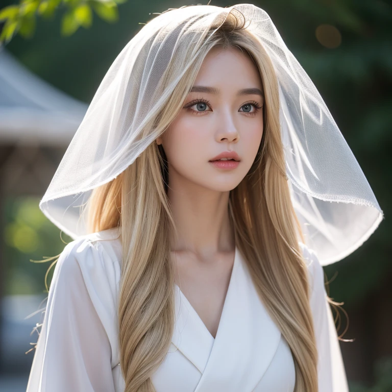 26 years old,woman,Long Hair,Light blonde hair color,Soft wavy hairstyle,With sad eyes、Deep blue,Bright、Has a lively expression,Height about 165cm,bust 86cm,Waist 63cm,Hip 89cm,Healthy and bright skin tone,Thick lips,flom below,whole body,The thighs are a little thicker,Mourning clothes,A black see-through veil covers her face.,black hat