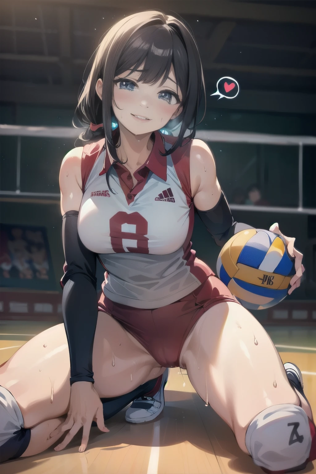 unity 8k wallpaper, anatomically correct, (((masterpiece))), (((best quality))), (((ultra detailed))), (((high-resolution))), ((Ultimate cutie)), perfect hands, perfect finger, (((good anatomy))), detailed beautiful face, shiny hair, (((gyaru))), (potbelly), (curvy), medium breasts, ((Thick thighs)), (((solo))), ((seductive smile)), (((blush))), ((embarrassed expression)), (Eyes are heart marks), (heart shaped pupils), ((trembling)),
BREAK, (((sit astride the perfectly spherical shape 6-inch volleyball))), (((Straddling a perfectly spherical 6" volleyball))), (((Perfectly spherical 6" volleyball fits perfectly crotch))), BREAK, (((Rub the Perfectly spherical 6" volleyball against crotch))), (masturbation),
BREAK, adidas, (Collared volleyball uniforms), sleeveless, ((buruma)), ((kneepad)), ((pussy juice stained)), (elbow pad), (((sweat))), (((covered in sweat))), ((deep breathing)), in Volleyball Court, indoor, lighting, looking at viewer, full body, (spoken heart)