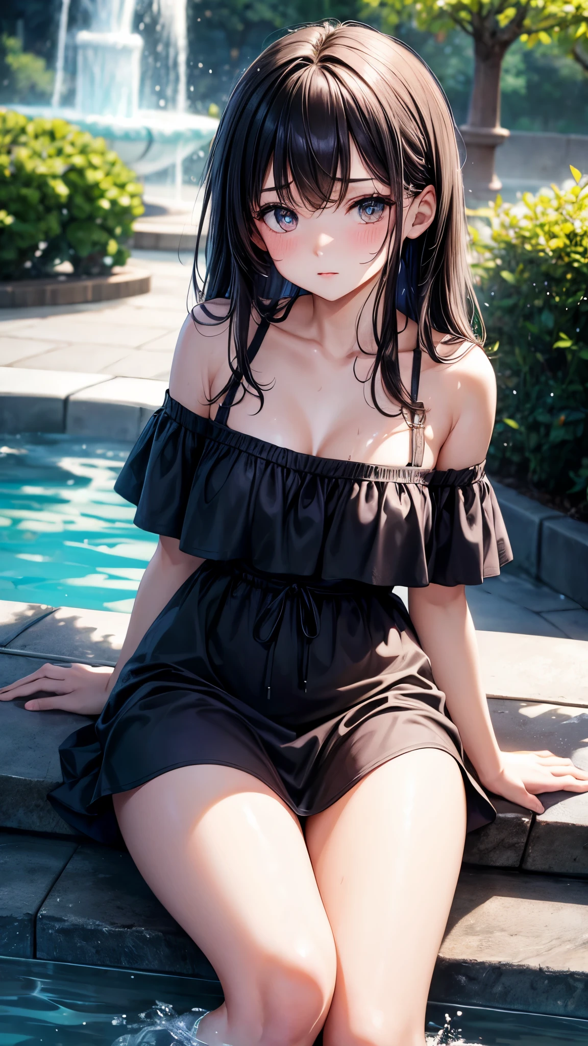 Caucasian 14 year old girl、Sitting by the fountain、Body wet with water splashes、Background Blur、Ultra HD、sunlight、Off-the-shoulder short dress、Fair-skinned beautiful girl、Disheveled long hair、Small cleavage、A fleeting expression、clear outline、Mature atmosphere、High definition skin、Plump figure、plump thighs、Spreading her legs、Rolled up hem、nude hip