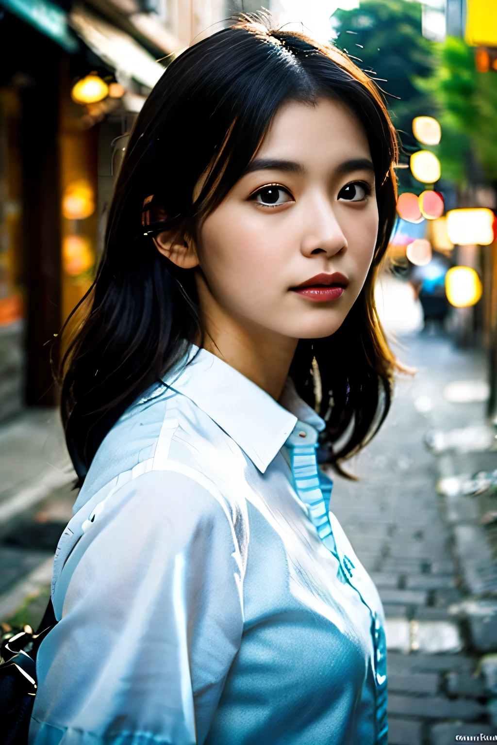  (8k, RAW Photos, highest quality, masterpiece:1.3), (Realistic, photo-Realistic:1.4), (Highly detailed 8k wallpaper), Sharp focus, Written boundary depth,(Side shot with close-up of profile、A cool look like a model)、
 Japanese Idols,very cute, (White collared shirt:1.3),(Medium Hair: 1.3), Upper Body, Highly detailed face and eyes,((Shiny skin:1.2)), Cinema Lighting, Soft Light, Blur the background,( Street of an old European village in the early morning, Cobblestone Street, )