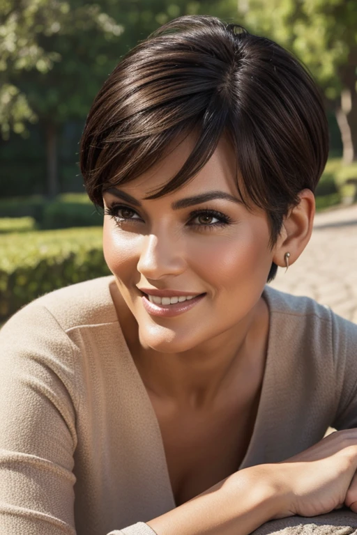 Photorealistic image of a 50-year-old woman, looks 50 years old, with a fashionable short haircut, luxurious dark hair and captivating brown eyes, starring in a photo shoot for a Parisian brand. The expression on her face is joyful. Shooting location scenic outdoor scenery, Sun-drenched park. Walks along flower beds with beautiful roses. Take a high resolution photo, using an 85mm lens, to get an attractive angle.