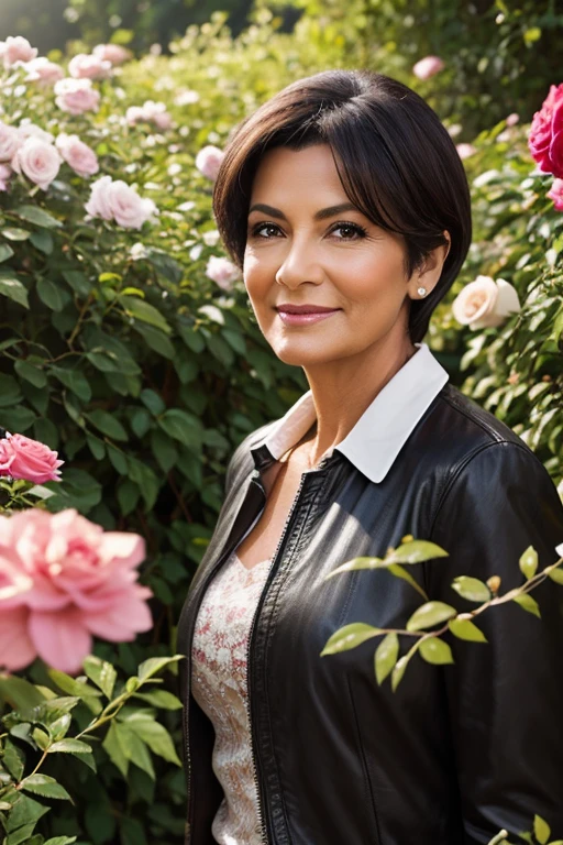 Photorealistic image of a 50-year-old woman, looks 50 years old, with a fashionable short haircut, luxurious dark hair and captivating brown eyes, starring in a photo shoot for a Parisian brand. The expression on her face is joyful. Shooting location scenic outdoor scenery, Sun-drenched park. Walks along flower beds with beautiful roses. Take a high resolution photo, using an 85mm lens, to get an attractive angle.