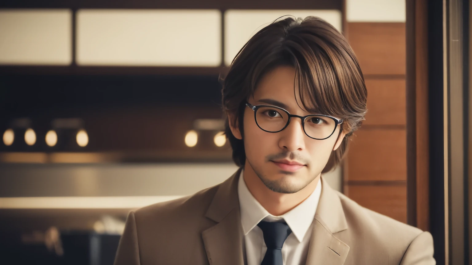 musician、A refreshing, handsome man in his 30s、(Super cool S-class boys)、Japanese male, 30 years old、、Inside a stylish cafeで撮影、a handsome guy、(CG Unity 8K high resolution photo)、(Very detailedSクラスのa handsome guy性)、(Photorealistic)、(highest quality))、Very detailed、super high quality、expensive、Audience、kind person、Very beautiful hair Perm Hair、Bright photo、Handsome like a model、Handsome like an idol、looking at the camera、Inside a stylish cafe、Stubble、An intelligent, handsome man wearing glasses