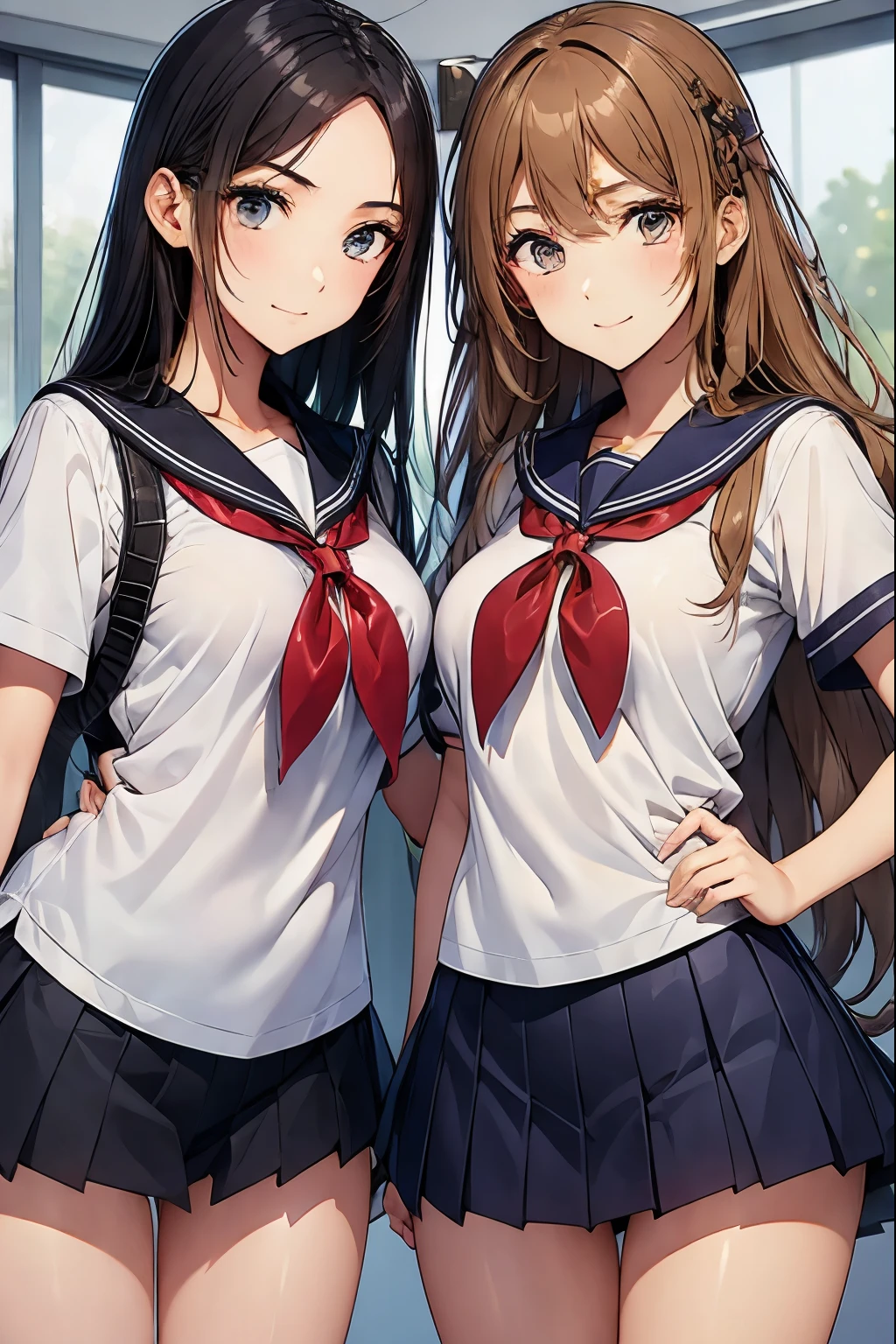 Two high school girls showing their panties in the classroom、nsfw、cameltoe、seductive smile、