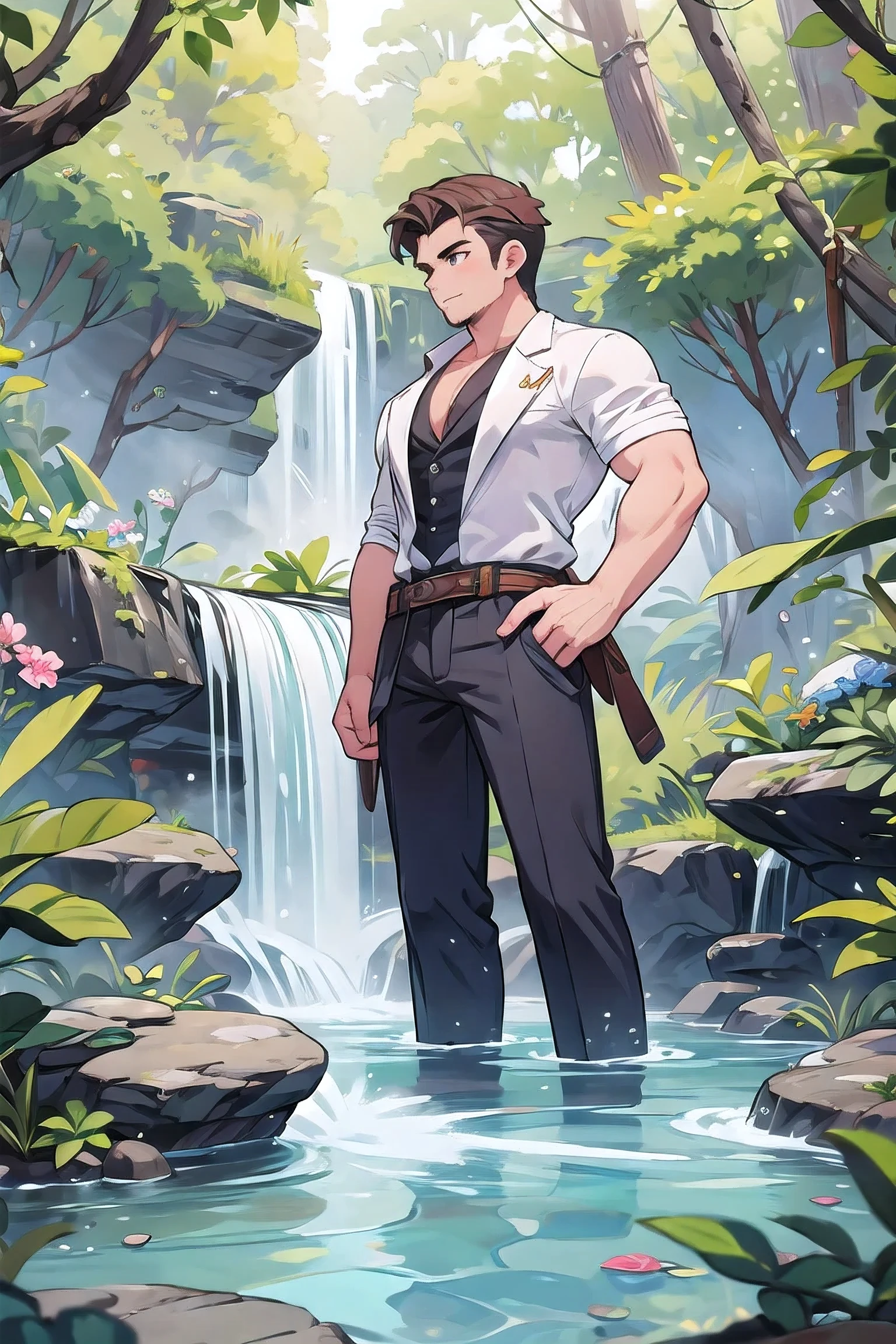 Handsome Men Muscular, Waterfall forest 
