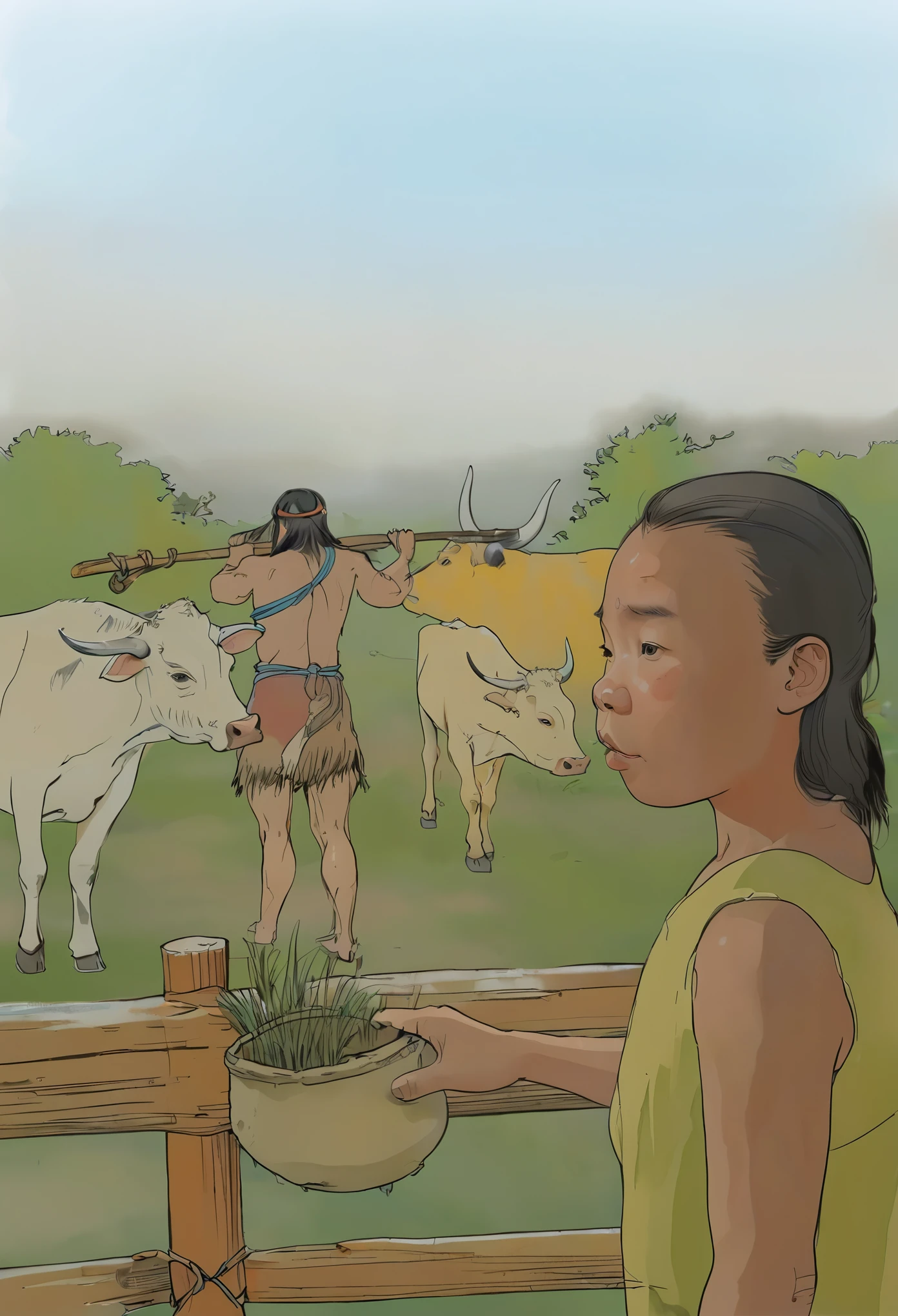 Neanderthal,Raising cows,prehistoric hell,Animal skin clothing,animal husbandry,Prehistoric domesticated animals(Anatomically correct)A specific portrait profile,一个Neanderthal站在grassland上,grassland,Fence,Raising cows业的围栏,Wooden fence,forest,Sky background,forest,arbor,vegetation,Detailed Land,Gray cow,Horns,, 全彩illustration, illustration, Three Cows, 高清illustration, author:Randolph Caldecott, (Watercolor, masterpiece, Line Art, Illustration Art, Professional line art, Super complex and detailed, Chinese painting,8K:1.3)