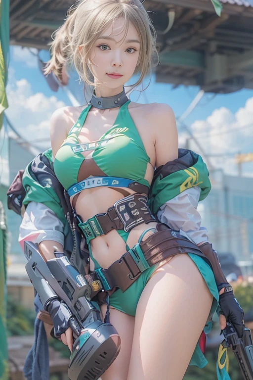 1girl, navel, solo, breasts, realistic, gloves, white_hair, looking_at_viewer, thigh_strap, science_fiction, short_hair, lips, midriff, medium_breasts, standing, blue_eyes, armor, cable, weapon, cowboy_shot, blue_sky, sky, machinery, collar