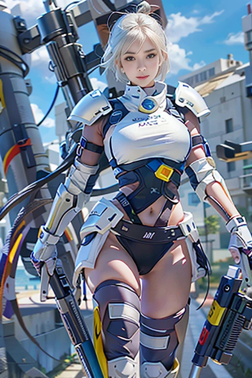 1girl, navel, solo, breasts, realistic, gloves, white_hair, looking_at_viewer, thigh_strap, science_fiction, short_hair, lips, midriff, medium_breasts, standing, blue_eyes, armor, cable, weapon, cowboy_shot, blue_sky, sky, machinery, collar