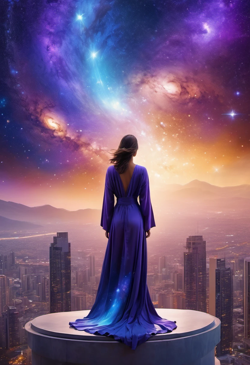 Female figure standing on the roof of a high-rise building, (Roof Focus), Surrounded by a vortex of cosmic energy, dreaming, Hazy landscape, The flowing starlight wraps around the human figure, A flowing robe that blends in with the galaxy, The sky is a tapestry of deep purples and blues, The stars shine, The scenery below is a series of rolling high-rise buildings, The scene was quiet and solemn, A way to capture the majestic essence of the universe, Contemplative figure standing in awe, Ultra HD, masterpiece, precise, anatomically correct, best quality, 8k