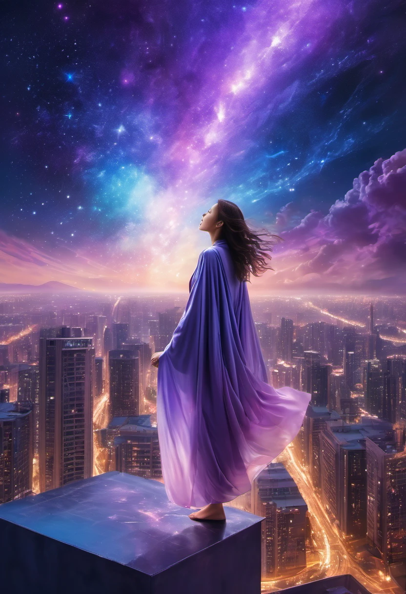 Female figure standing on the roof of a high-rise building, (Roof Focus), Surrounded by a vortex of cosmic energy, dreaming, Hazy landscape, The flowing starlight wraps around the human figure, A flowing robe that blends in with the galaxy, The sky is a tapestry of deep purples and blues, The stars shine, The scenery below is a series of rolling high-rise buildings, The scene was quiet and solemn, A way to capture the majestic essence of the universe, Contemplative figure standing in awe, Ultra HD, masterpiece, precise, anatomically correct, best quality, 8k