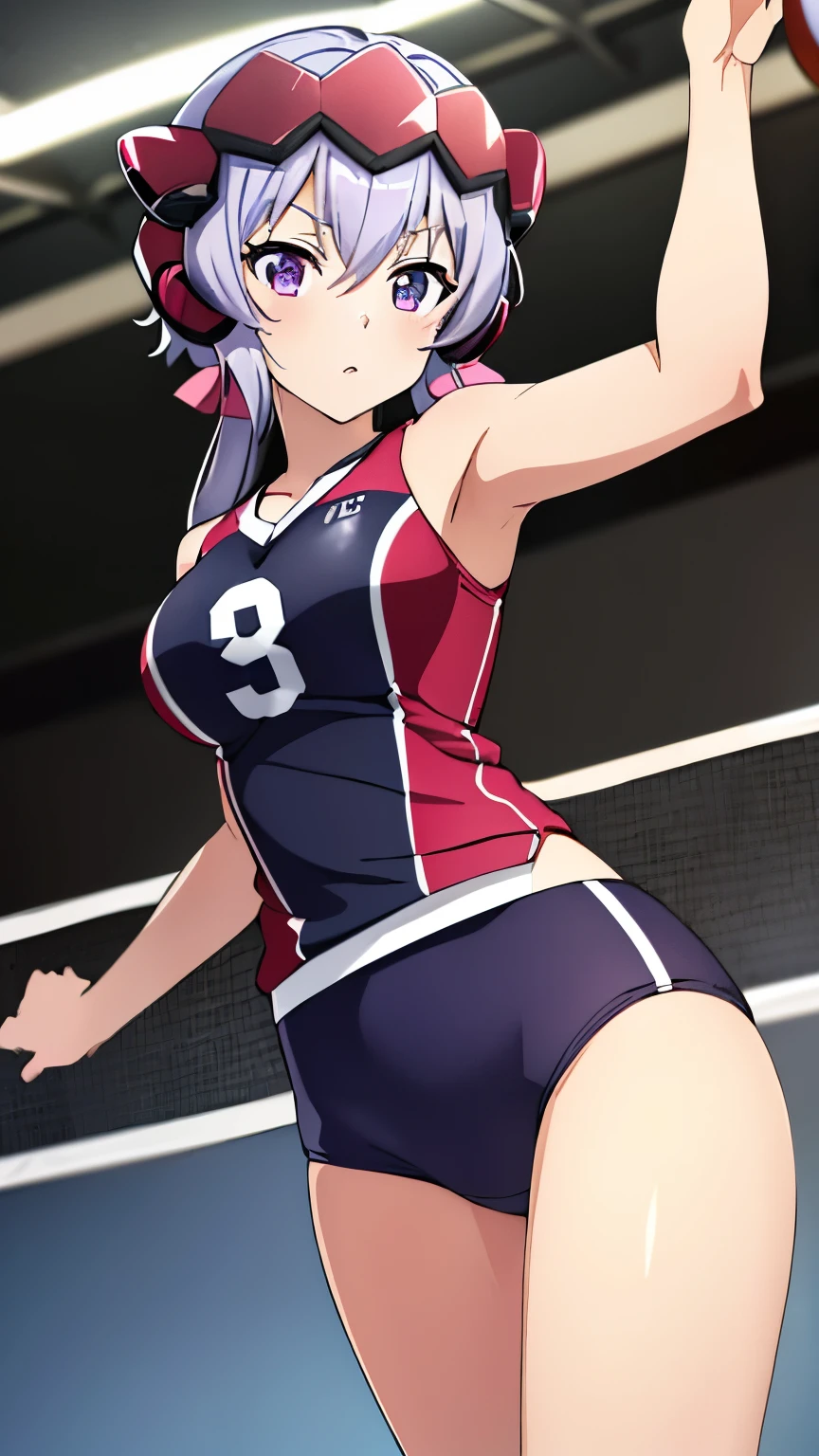 (best quality, 8K, high resolution, masterpiece:1.2), anime art style, yukine chris, 1 girl, perfect face, perfect eyes, large medium breasts, silver hair, low twin tails, pink hair ribbon purple eyes, thin twin tails, long hair, soft expression, alone, (volleyball wear, gymnasium, stylish pose, stylish angle, cowboy shot), viewer appreciation