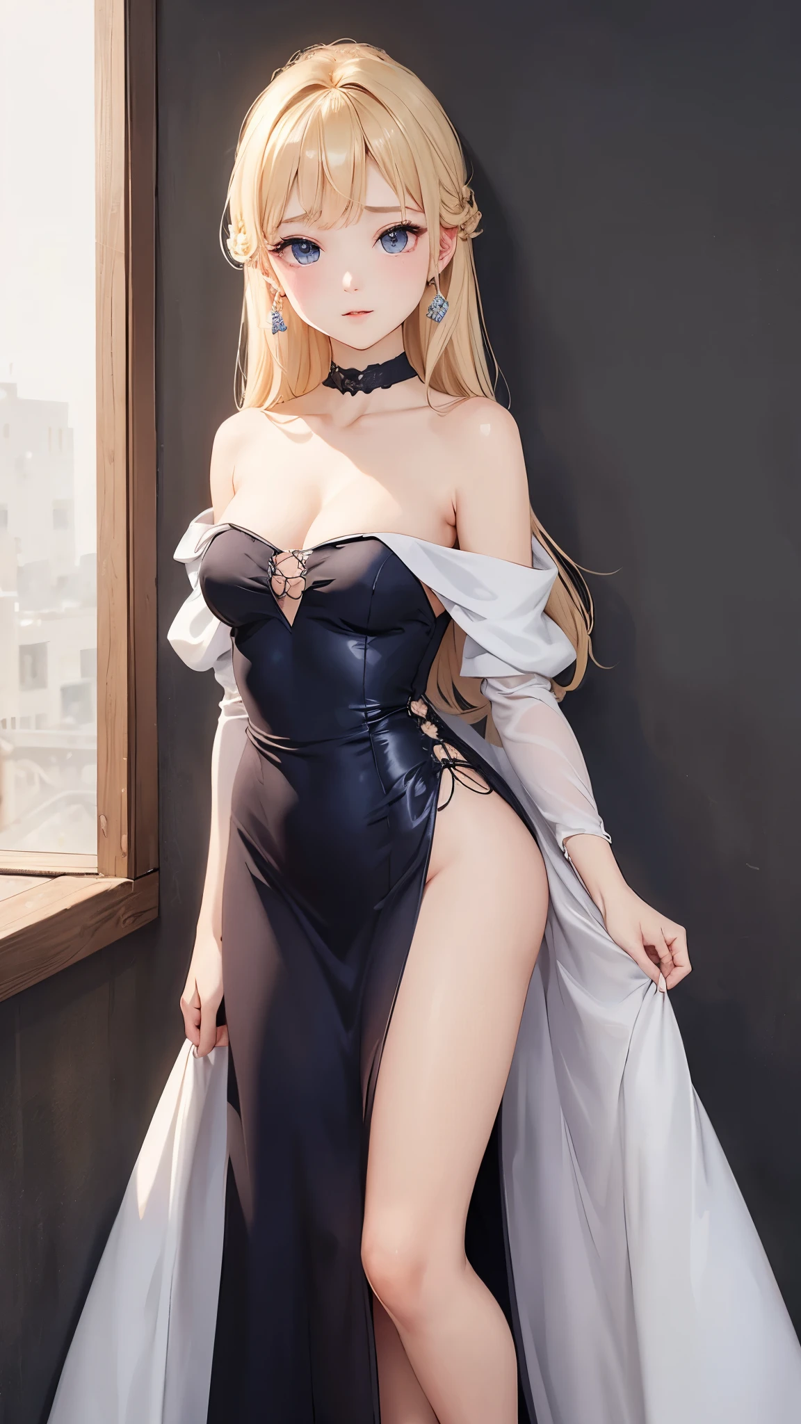 highest quality、4K quality、lean against the wall、Beautiful cleavage、Off-the-shoulder evening dress、Beautiful Style、tall、Small breasts、Bare buttocks、Small Ass、Blonde roll、Shy face、20 year old princess、Bare shoulders、grab the skirt、ultra detail eye,Shooting from behind